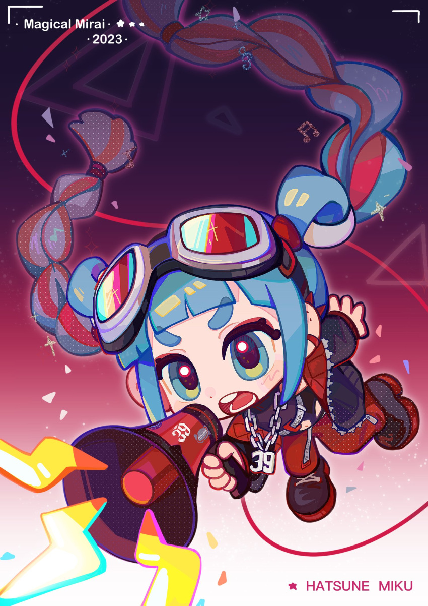 1girl 39 aqua_eyes aqua_hair black_jacket black_shirt blunt_bangs braid chain_necklace character_name chibi clothing_cutout commentary ear_piercing eyeshadow floating_hair full_body goggles goggles_on_head gradient_background hatsune_miku highres holding holding_megaphone jacket jewelry light_blush long_hair long_sleeves magical_mirai_(vocaloid) magical_mirai_miku magical_mirai_miku_(2023) makeup megaphone multicolored_hair musical_note navel navel_cutout necklace o-ring open_clothes open_jacket open_mouth pants piercing quilted_jacket red_eyeshadow red_pants redhead shirt sidelocks sleeveless sleeveless_shirt solo sparkle stomach suuroku symbol-only_commentary twin_braids twintails vocaloid
