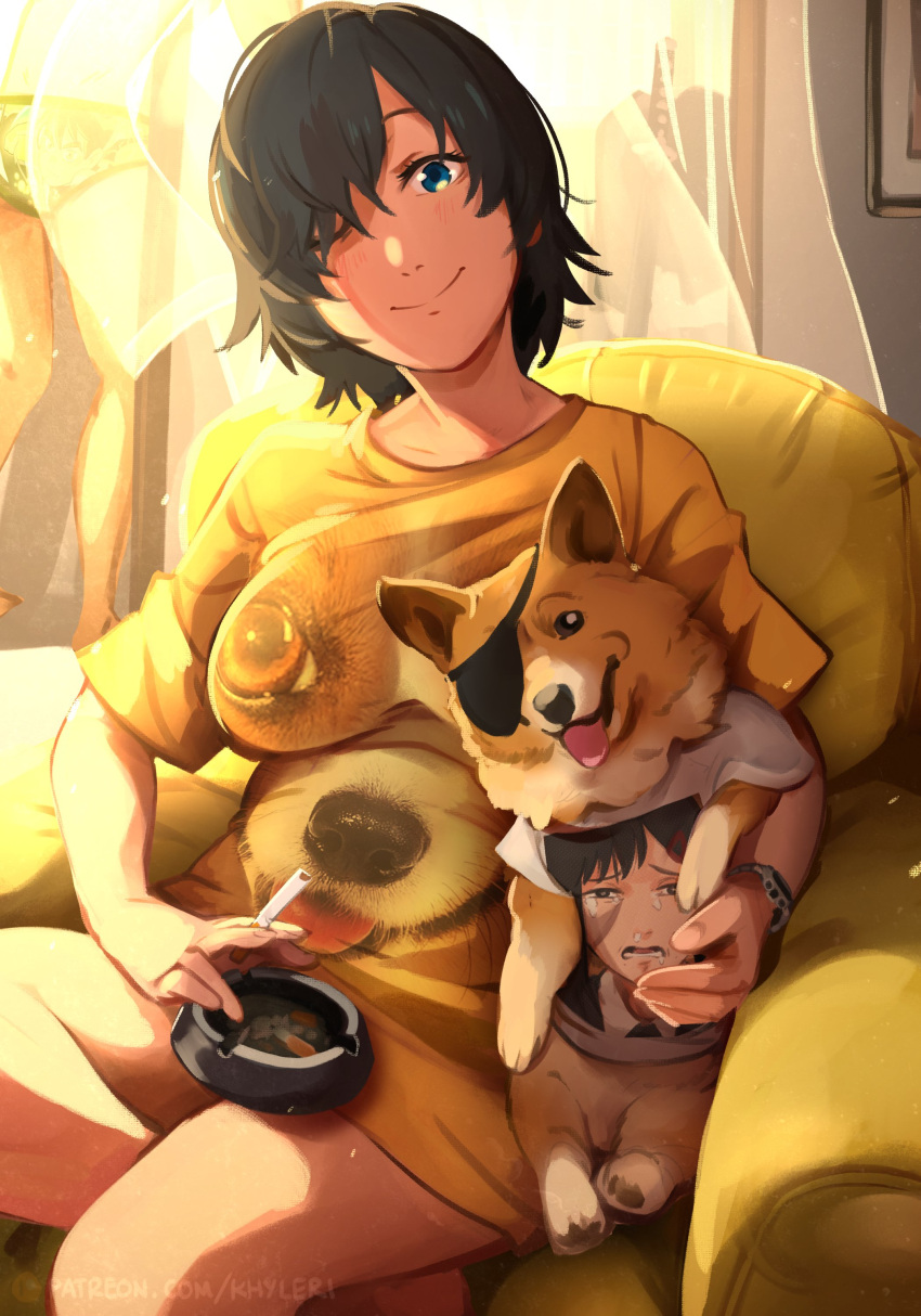 1girl absurdres armchair breasts chainsaw_man chair cigarette closed_mouth dog higashiyama_kobeni highres himeno_(chainsaw_man) holding holding_cigarette khyle. looking_at_viewer shirt sitting smile tongue tongue_out watch watch