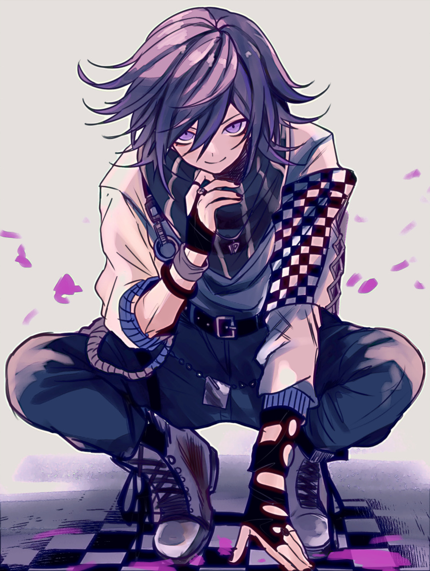 1boy baggy_clothes black_nails black_pants black_scarf blood checkered_clothes danganronpa_(series) danganronpa_v3:_killing_harmony fingerless_gloves full_body gloves hair_between_eyes highres jewelry looking_at_viewer male_focus nail_polish necklace oma_kokichi pants pink_blood purple_hair ring scarf short_hair simple_background smile solo squatting urami0310 violet_eyes white_footwear