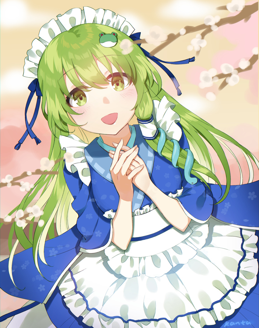 absurdres apron blue_dress blue_kimono blue_ribbon blush_stickers branch cherry_blossoms chinese_commentary commentary_request dress frilled_apron frills frog_hair_ornament green_eyes green_hair hair_ornament hair_ribbon hands_on_own_chest highres japanese_clothes kanta_(pixiv9296614) kimono kochiya_sanae long_hair long_sleeves maid maid_apron maid_headdress obi official_alternate_costume open_mouth own_hands_clasped own_hands_together partial_commentary ribbon sash single_hair_tube single_sidelock smile snake_hair_ornament sunset touhou touhou_cannonball wa_maid white_apron wide_sleeves