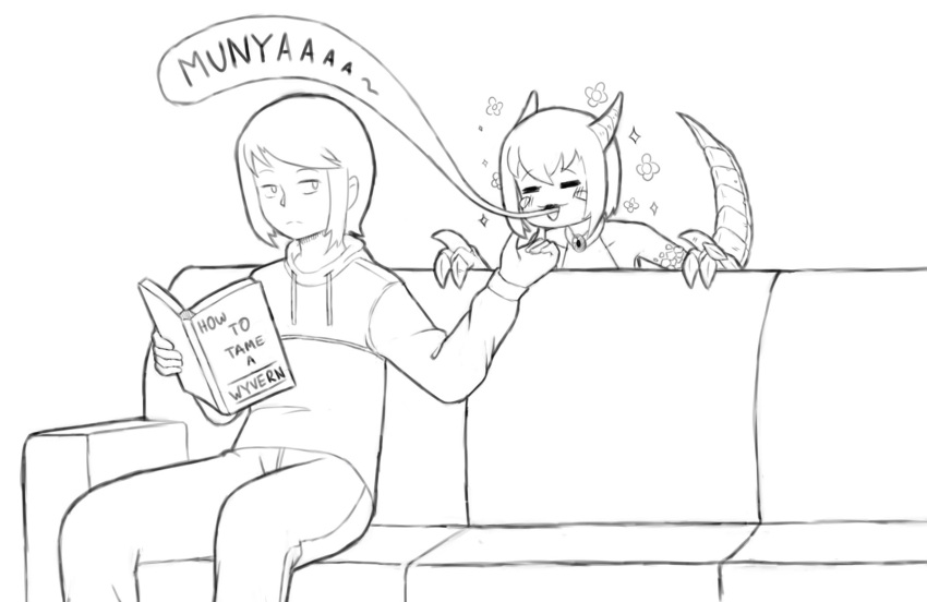 1girl book claws couch dragon dragon_girl dragon_horns dragon_tail dragon_wings english_text flower hand_on_another's_chin highres holding holding_book horns indoors kurovah monster_girl monster_girl_encyclopedia on_couch open_book reading scales sitting stroking_another's_chin tail winged_arms wings wyvern wyvern_(monster_girl_encyclopedia)