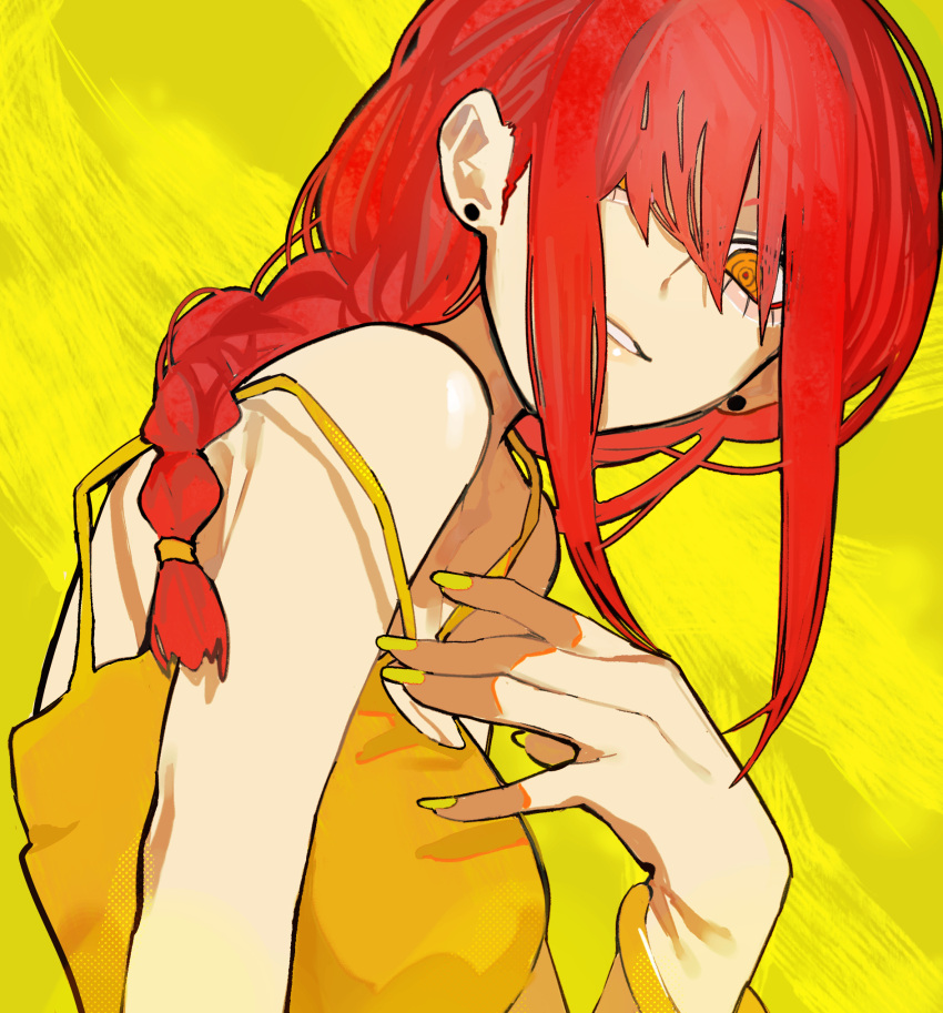 1girl braid braided_ponytail camisole chainsaw_man earrings hair_over_one_eye hair_over_shoulder head_tilt highres jewelry looking_at_viewer makima_(chainsaw_man) medium_hair orange_eyes parted_lips redhead ringed_eyes sailen0 sidelocks smile solo stud_earrings yellow_background yellow_bracelet yellow_camisole yellow_theme