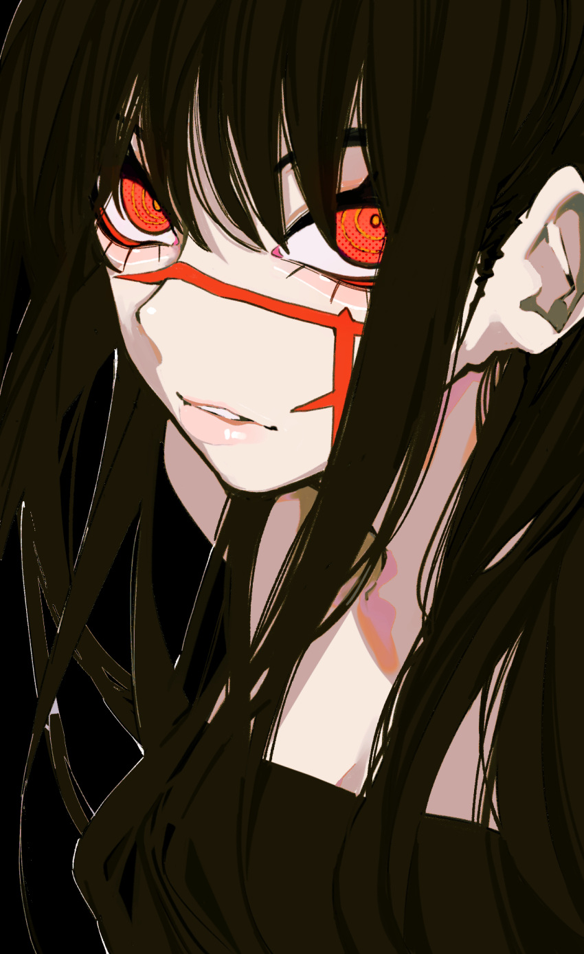 1girl biting black_background black_hair black_theme black_tube_top chainsaw_man cross_scar highres lip_biting long_hair looking_at_viewer orange_eyes parted_lips ringed_eyes sailen0 scar scar_on_cheek scar_on_face simple_background solo strapless tube_top yoru_(chainsaw_man)