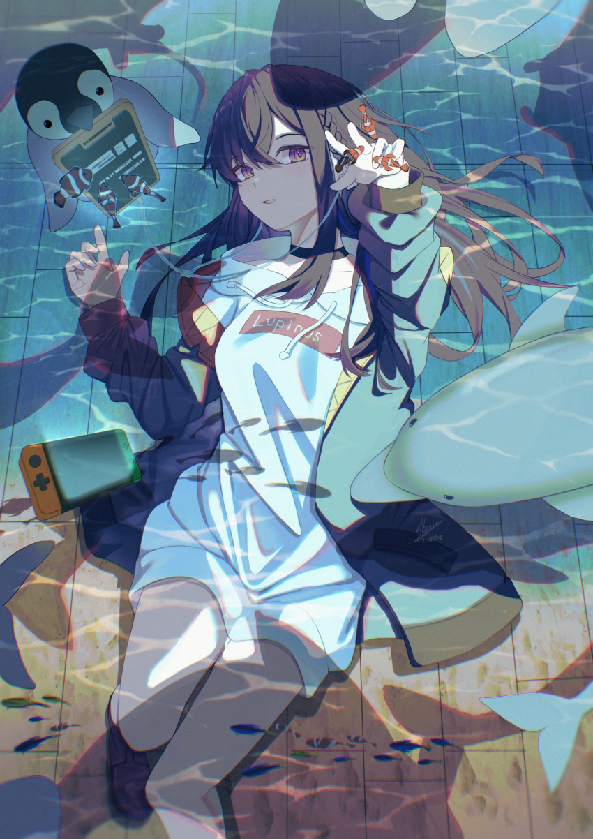 1girl bird black_choker black_hair blue_hair braid cellphone choker clothes_writing clownfish crossed_bangs dolphin earphones english_commentary english_text fish green_jacket hair_between_eyes highres hood hoodie ichinose_uruha jacket long_hair looking_at_viewer lupinus_virtual_games lying maria_onnette multicolored_hair nintendo_switch off_shoulder on_back open_clothes open_jacket penguin phone reaching ripples signature smartphone smartphone_case smile solo streaked_hair violet_eyes virtual_youtuber vspo! white_hoodie
