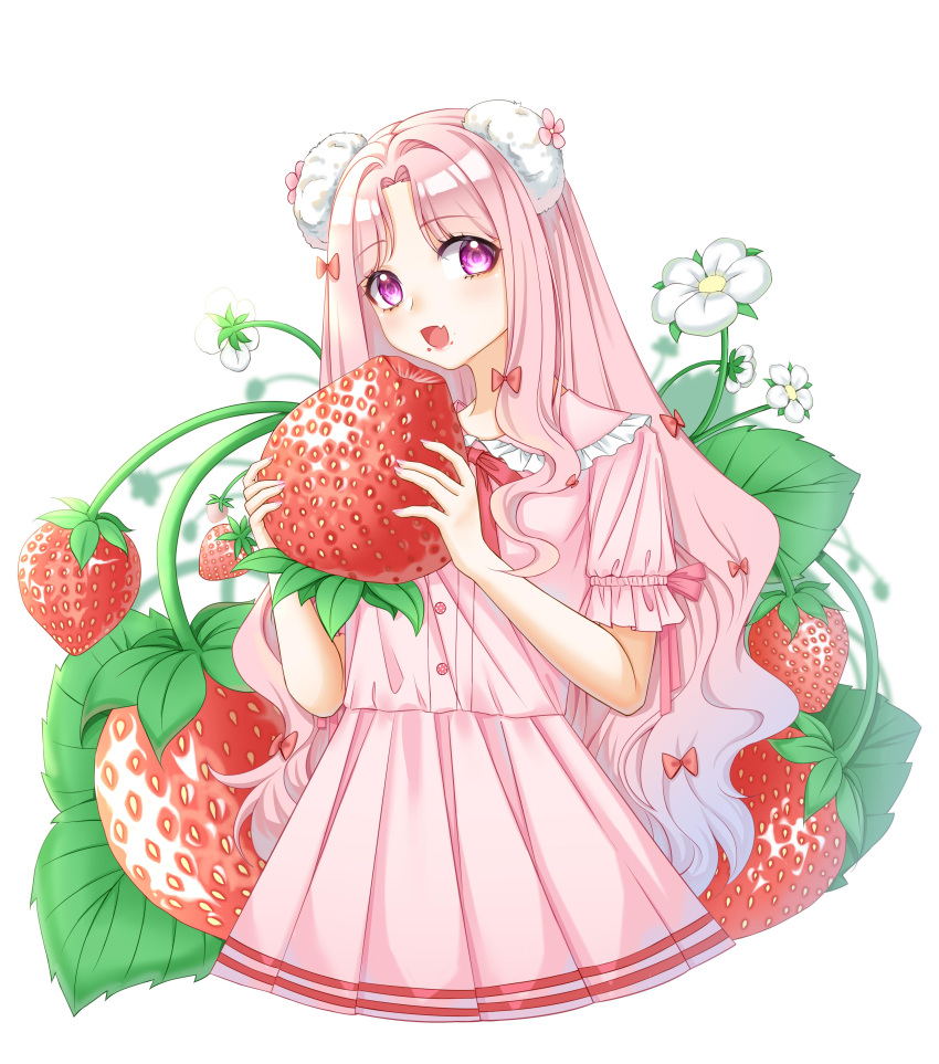 1girl :d absurdres bow cropped_torso curly_hair dress eating fang flower food frilled_dress frills fruit hair_bow hair_intakes hair_ornament highres holding holding_food kumu_zaisheng leaf long_hair looking_to_the_side original oversized_food parted_bangs pink_bow pink_dress pink_eyes pink_hair pleated_dress short_sleeves skin_fang smile solo strawberry very_long_hair white_background white_flower