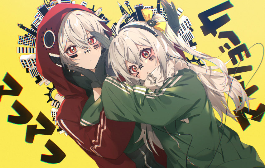 1boy 1girl :&lt; ahoge barcode barcode_tattoo black_gloves black_hairband blush bow collared_jacket dual_persona dutch_angle facial_tattoo gloves green_jacket hair_between_eyes hair_bow hairband hands_on_another's_cheeks hands_on_another's_face highres hood hooded_jacket jacket long_hair long_sleeves looking_at_viewer mafumafu manun-chan matryoshka_(vocaloid) niconico red_eyes red_jacket sidelocks simple_background striped striped_jacket tattoo track_jacket upper_body usagi_(31820156) utaite_(singer) v-shaped_eyebrows vocaloid white_hair yellow_background yellow_bow