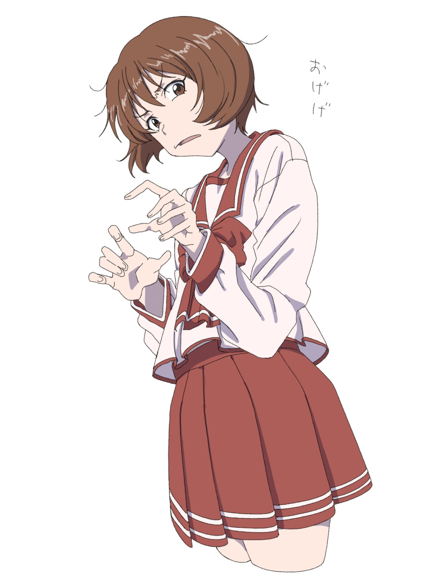 1girl absurdres bow brown_eyes brown_hair cropped_legs double_horizontal_stripe fingernails flat_chest frown hair_between_eyes hands_up highres long_sleeves looking_at_viewer nagaoka_shiho open_mouth pleated_skirt powerhamuhamu red_bow red_sailor_collar red_skirt sailor_collar school_uniform serafuku shirt short_hair simple_background skirt solo standing to_heart to_heart_(series) v-shaped_eyebrows white_background white_serafuku white_shirt