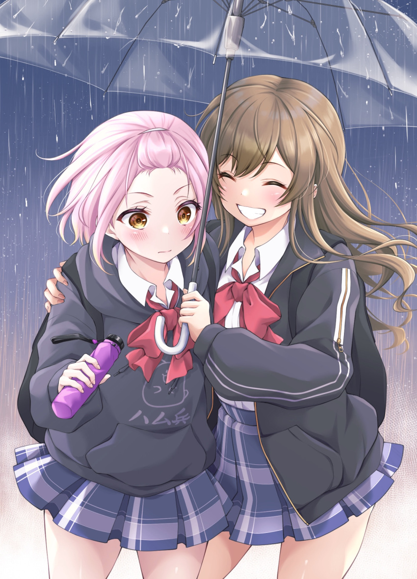 2girls :d ^_^ arm_around_shoulder backpack bag bangs_pinned_back black_hoodie black_jacket blue_skirt blush bow bowtie brown_hair closed_eyes closed_mouth clothes_writing collared_shirt commentary cowboy_shot d4dj grin hand_on_another's_shoulder hand_up hands_up highres holding holding_umbrella hood hood_down hooded_jacket hoodie inuyose_shinobu jacket long_hair long_sleeves looking_ahead miniskirt multiple_girls open_clothes open_jacket outdoors pink_hair piyopiyomaru_(piyo8823) plaid plaid_skirt pleated_skirt pocket rain red_bow red_bowtie school_uniform shared_umbrella shirt shirt_tucked_in short_hair side-by-side skirt smile standing symbol-only_commentary transparent transparent_umbrella umbrella wavy_hair white_shirt wide-eyed yamate_kyouko yellow_eyes zipper zipper_pull_tab