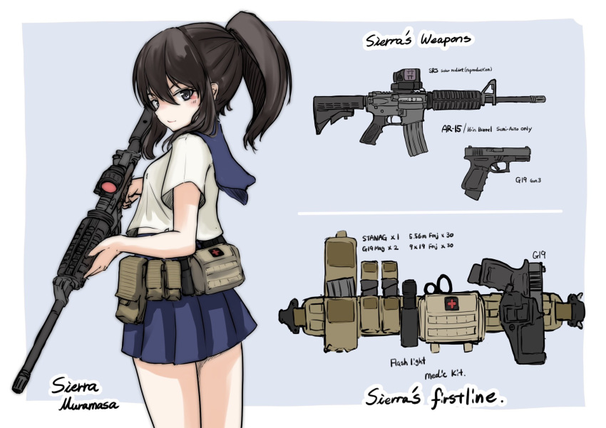 1girl ar-15 black_hair blue_background blue_sailor_collar blue_skirt blush breasts closed_mouth commentary_request english_text from_behind g19 glock grey_eyes gun hair_between_eyes highres kouon_(socommk23) looking_at_viewer looking_to_the_side original pleated_skirt ponytail rifle sailor_collar shirt short_sleeves skirt small_breasts solo standing two-tone_background v-shaped_eyebrows weapon white_background white_shirt