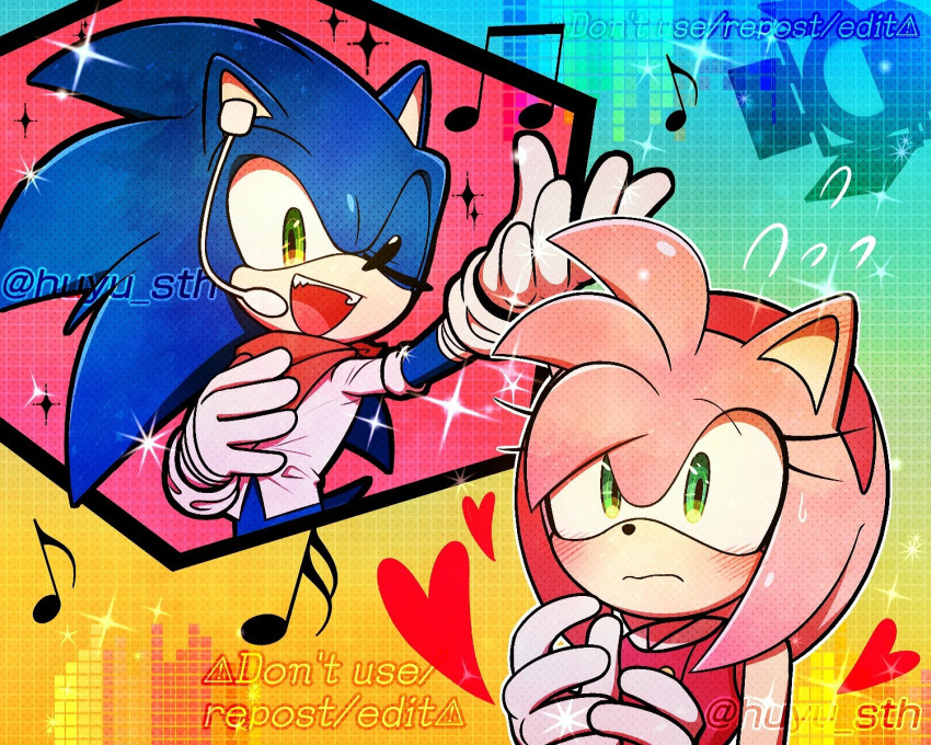 1boy 1girl amy_rose animal_ears animal_nose artist_name bandana bare_shoulders blue_background blue_fur checkered_background closed_mouth dress eyelashes fang fangs furry furry_female furry_male gloves gradient_background green_background green_eyes hairband hand_on_own_chest hands_up heart hedgehog hedgehog_ears hedgehog_girl highres huyu_sth jacket long_sleeves looking_at_another microphone multicolored_background music musical_note one_eye_closed open_mouth pink_background pink_fur pink_jacket red_bandana red_dress red_hairband singing sleeveless sleeveless_dress smile sonic_(series) sonic_the_hedgehog sparkle sparkle_background standing sweatdrop teeth tongue watermark white_gloves yellow_background