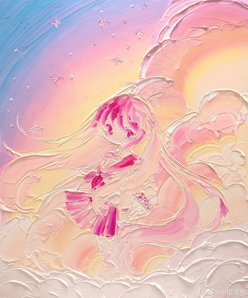 1girl absurdres acrylic_paint_(medium) ahoge artist_name bouquet chinese_commentary clouds commentary_request floating_hair full_body gradient_background highres holding holding_bouquet kamisukimifu long_hair long_sleeves looking_at_viewer neckerchief no_mouth original painting_(medium) photo_(medium) pink_eyes pink_hair pink_neckerchief pink_sailor_collar pleated_skirt sailor_collar school_uniform serafuku skirt sky solo sparkle standing traditional_media very_long_hair watermark weibo_logo weibo_username