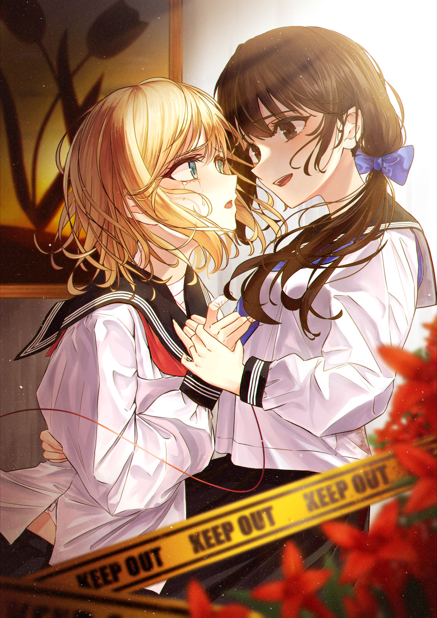 2girls absurdres arisugawa_bii asymmetrical_hair bandaged_fingers bandaged_neck bandages black_eyes black_hair black_sailor_collar black_skirt blonde_hair blue_bow blue_eyes blue_neckerchief blurry blurry_foreground bow caution_tape chromatic_aberration commentary_request crying crying_with_eyes_open eye_contact flower hair_bow hand_grab highres keep_out light_particles long_hair long_sleeves looking_at_another medium_hair multiple_girls neckerchief open_mouth original painting_(object) pleated_skirt puffy_sleeves red_flower red_neckerchief sailor_collar school_uniform serafuku shirt sidelocks skirt tears teeth upper_teeth_only white_serafuku white_shirt yuri