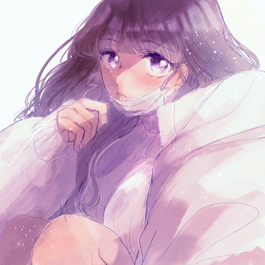 1girl black_hair frown hair_behind_ear highres jacket looking_at_viewer mask mouth_mask oke_(knjou_g_tya) original ribbed_sweater sleeves_past_wrists solo squatting sweater violet_eyes white_background white_jacket white_sweater