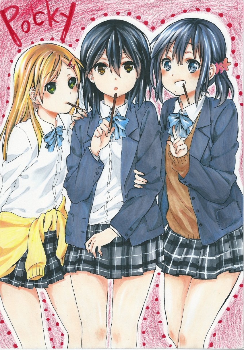 3girls :d :o arm_behind_back arm_grab black_hair black_skirt blazer blonde_hair blue_bow blue_bowtie blue_eyes blue_jacket blush bow bowtie breasts brown_sweater closed_mouth clothes_around_waist colored_pencil_(medium) commentary cowboy_shot dress_shirt flower food food_in_mouth green_eyes grin hair_flower hair_ornament hairclip hand_on_another's_arm hand_on_another's_shoulder hand_up highres holding holding_food holding_pocky holding_snack inaba_himeko index_finger_raised ink_(medium) jacket kiriyama_yui kokoro_connect kurage_(kaki-ne) long_hair looking_at_viewer marker_(medium) medium_breasts mole mole_under_mouth mouth_hold multiple_girls nagase_iori open_clothes open_jacket open_mouth pink_flower plaid plaid_skirt pocky pocky_day pocky_in_mouth raised_eyebrows red_background school_uniform shirt short_hair short_ponytail skirt small_breasts smile sweater sweater_around_waist traditional_media white_shirt yamaboshi_private_high_school_uniform yellow_sweater