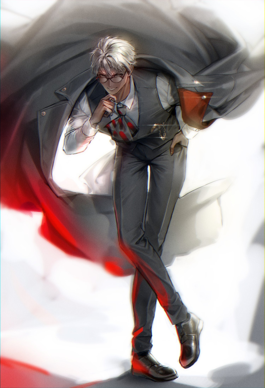 1boy arurandeisu ascot black_footwear breast_pocket coat coat_on_shoulders collared_shirt crossed_legs dress_shoes floating_clothes full_body glasses glint grey_ascot grey_coat grey_eyes grey_pants grey_vest hair_between_eyes hand_in_pocket hand_on_own_chin highres holostars leaning_forward looking_at_viewer male_focus mizuame_(pixiv70466540) official_alternate_costume pants parted_lips pocket pocket_watch red-framed_eyewear shirt shoes short_hair smile solo standing standing_on_one_leg v-shaped_eyebrows vest virtual_youtuber watch watson_cross white_background white_hair white_shirt