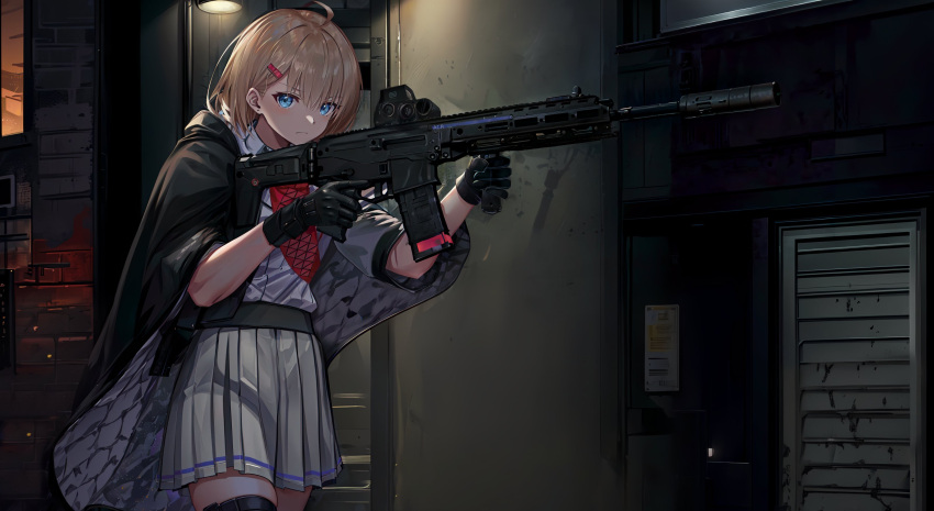 1girl acr_(girls'_frontline) adaptive_combat_rifle ahoge assault_rifle black_jacket blue_eyes brown_hair building closed_mouth collared_shirt commentary english_commentary girls_frontline grey_skirt gun hair_between_eyes hair_ornament hairclip highres holding holding_gun holding_weapon jacket looking_at_viewer name_connection object_namesake outdoors pleated_skirt rifle shirt short_sleeves skirt solo sunset takemorikohoto weapon white_shirt