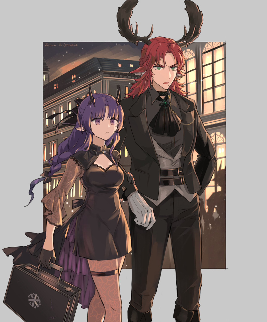 1boy 1girl alternate_costume animal_ears antlers arknights ascot bag belt black_ascot black_belt black_bow black_dress black_footwear black_gloves black_jacket black_suit boots border bow braid briefcase brown_pantyhose building cleavage_cutout closed_mouth clothing_cutout collar_chain_(jewelry) collared_shirt czerny_(arknights) deer_antlers deer_boy deer_ears dress formal gloves green_eyes grey_border grey_shirt grey_vest hair_bow half_gloves hand_on_another's_arm hibiscus_(arknights) hibiscus_the_purifier_(arknights) high-low_skirt highres holding holding_bag holding_briefcase horn_ornament horns infection_monitor_(arknights) jacket knee_boots lace_pantyhose lapels locked_arms long_hair long_sleeves low-braided_long_hair mole mole_under_mouth night noshima notched_lapels outside_border pantyhose parted_bangs parted_lips pointy_ears purple_hair redhead serious shirt suit thigh_strap v-shaped_eyebrows vest violet_eyes walking white_gloves