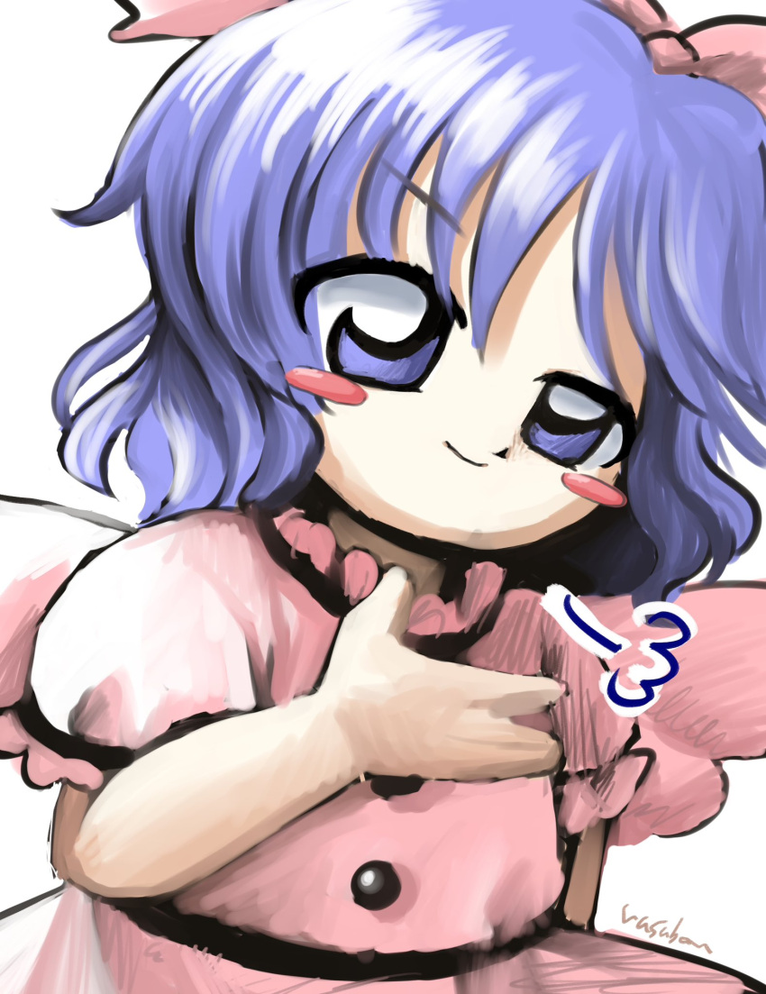 1girl blush_stickers bow buttons closed_mouth dress hair_bow half-closed_eye hand_up highres looking_at_viewer mai_(touhou) medium_hair one-hour_drawing_challenge pink_bow pink_dress pink_wings puffy_short_sleeves puffy_sleeves purple_hair short_sleeves signature simple_background smile solo touhou touhou_(pc-98) upper_body violet_eyes white_background wings yakumora_n zun_(style)