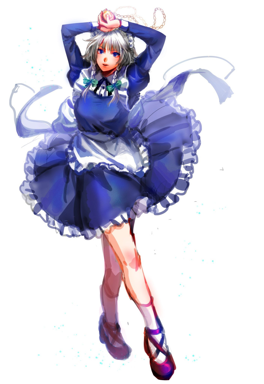 1girl arms_up blue_dress blue_eyes bow braid breasts commentary_request dress full_body green_bow grey_hair hair_bow hair_ribbon highres holding izayoi_sakuya juliet_sleeves korean_commentary kuya_(hey36253625) long_sleeves looking_at_viewer maid_headdress medium_breasts parted_lips petticoat pocket_watch puffy_sleeves ribbon simple_background sketch solo standing touhou tress_ribbon twin_braids watch white_background