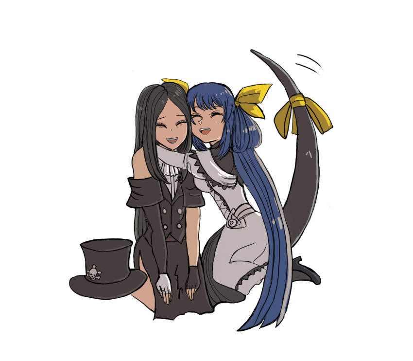 :d black_hair blue_hair closed_eyes couple couple_in_love dizzy_(guilty_gear) dress guilty_gear guilty_gear_strive hair_ribbon happy hug hugging otp smile tail tail_ornament tail_wagging tesdizzy testament_(guilty_gear) top_hat