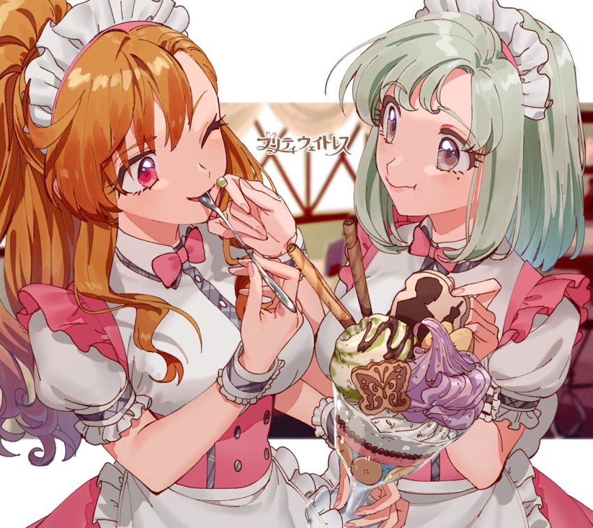 2girls apron banana blush bow bowtie breasts chocolate closed_mouth cookie cream cup dress eating food food_on_face frilled_apron frilled_sleeves frills from_side fruit green_hair grey_eyes grid_background hair_bow holding holding_cup holding_food holding_spoon hoyaza1561 ice_cream idolmaster idolmaster_(classic) idolmaster_million_live! idolmaster_million_live!_theater_days idolmaster_one_for_all idolmaster_starlit_season idolmaster_stella_stage kuroi_takao leon_(idolmaster) long_hair looking_at_another matcha_(food) medium_breasts mole mole_under_eye mouth_hold multiple_girls one_eye_closed orange_hair pink_bow pink_bowtie pink_dress ponytail pretzel puffy_short_sleeves puffy_sleeves shiika_(idolmaster) short_hair short_sleeves smile spoon sundae violet_eyes waist_apron white_apron white_headdress wristband
