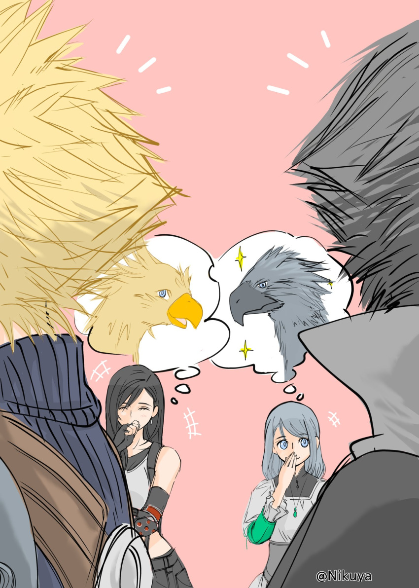 2boys 2girls arm_guards bare_shoulders bird black_hair black_skirt black_sports_bra blonde_hair blue_eyes blue_sweater chocobo clive_rosfield closed_eyes closed_mouth cloud_strife commentary crop_top dress earrings final_fantasy final_fantasy_vii final_fantasy_vii_remake final_fantasy_xvi grey_hair hair_behind_ear hand_to_own_mouth high_collar highres jewelry jill_warrick laughing light_blush long_hair looking_at_another medium_hair midriff multiple_boys multiple_girls necklace nikuya_(nikuya888) out_of_frame pink_background ribbed_sweater short_hair single_earring skirt smile sparkle spiky_hair sports_bra suspender_skirt suspenders sweater swept_bangs tank_top teardrop_earring tifa_lockhart turtleneck turtleneck_sweater twitter_username white_dress white_tank_top