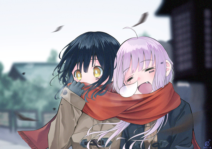 2girls =_= absurdres ahoge arisugawa_bii barcode barcode_tattoo black_gloves black_hair black_jacket blunt_bangs blurry blurry_background brown_coat coat commentary_request fang gloves highres jacket motion_blur multiple_girls nose_bubble open_mouth original pink_hair red_scarf scarf shared_clothes shared_scarf sidelocks signature sleeping sleeping_on_person tattoo upper_body yellow_eyes yuri