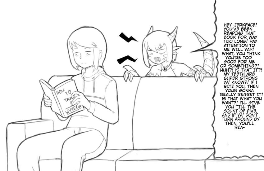 1girl angry book claws couch dragon dragon_girl dragon_horns dragon_tail dragon_wings english_text highres holding holding_book horns indoors kurovah monster_girl monster_girl_encyclopedia on_couch open_book reading scales sitting tail winged_arms wings wyvern wyvern_(monster_girl_encyclopedia)