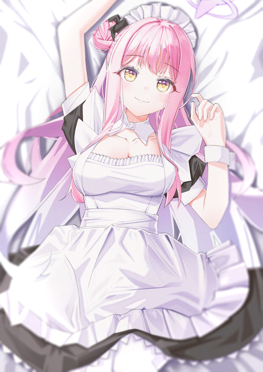 1girl absurdres alternate_costume apron blue_archive breasts enmaided highres large_breasts looking_at_viewer maid maid_apron maid_headdress marks_(dmhunsu10) mika_(blue_archive) pink_hair yellow_eyes
