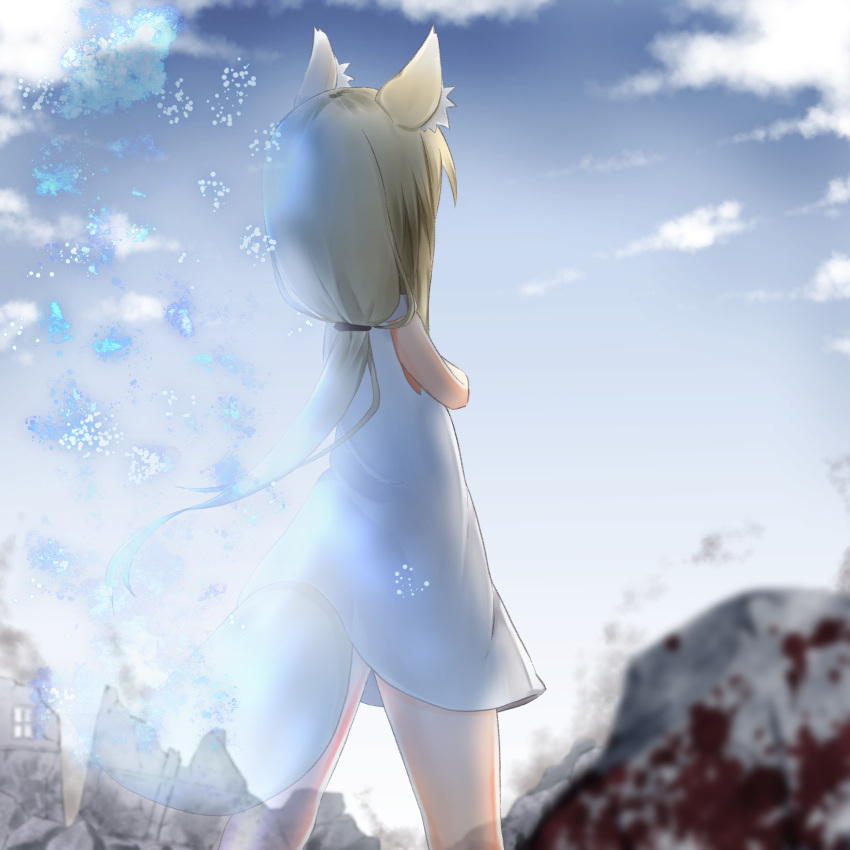 1girl animal_ear_fluff animal_ears bare_arms bare_shoulders blonde_hair blue_sky blurry blurry_foreground clouds commentary_request day depth_of_field dress facing_away fox_ears fox_girl fox_tail from_behind highres long_hair low_ponytail original outdoors ponytail ruins sky sleeveless sleeveless_dress solo su_guryu tail very_long_hair white_dress