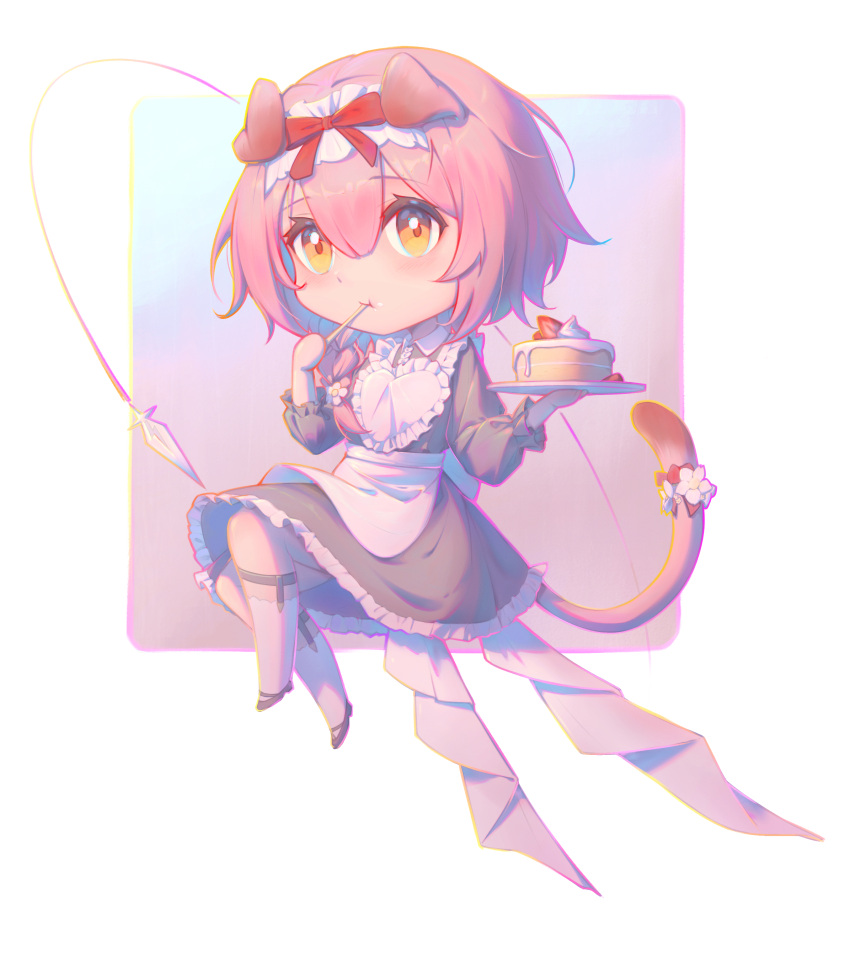 1girl :t absurdres alternate_costume animal_ears apron arknights black_dress black_footwear bow braid cake cat_ears cat_girl cat_tail chibi closed_mouth collared_dress commentary_request dress enmaided flower food frilled_apron frilled_dress frills fruit goldenglow_(arknights) hair_between_eyes hair_flower hair_ornament hair_over_shoulder high_heels highres holding holding_plate long_sleeves maid orange_eyes pink_hair plate puffy_long_sleeves puffy_sleeves red_bow shoes single_braid socks solo strawberry tail toyzz_(wanjuww) utensil_in_mouth white_apron white_flower white_socks