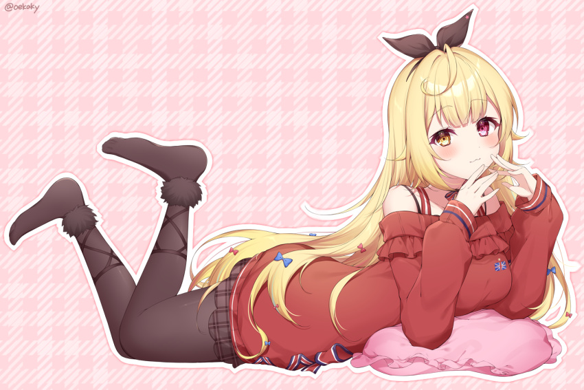 1girl :3 ahoge artist_name bare_shoulders black_hairband black_ribbon blonde_hair blue_bow blush bow breasts brown_pantyhose brown_skirt closed_mouth collarbone commentary_request eyelashes feet_up frilled_sweater frills full_body hair_between_eyes hair_bow hair_intakes hair_ribbon hairband hands_up heterochromia hoshikawa_sara long_hair long_sleeves looking_at_viewer lying medium_breasts multiple_hair_bows neck_ribbon nijisanji off-shoulder_sweater off_shoulder on_stomach outline pantyhose pillow pink_background plaid plaid_background plaid_skirt red_bow red_eyes red_sweater ribbon sidelocks simple_background skirt sleeves_past_wrists smile solo striped striped_ribbon sweater twitter_username union_jack very_long_hair virtual_youtuber white_outline yellow_eyes zky_(oekaky)