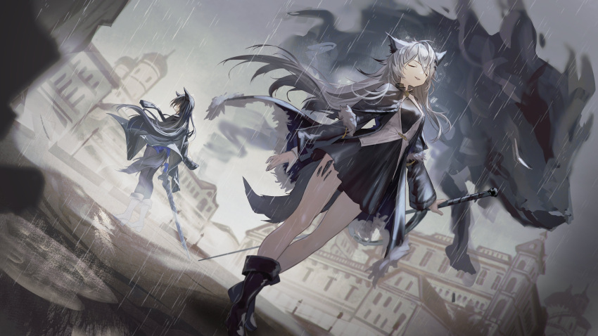2girls absurdres animal_ears ankle_boots arknights bare_legs black_coat black_footwear black_hair black_pantyhose black_shirt black_skirt blue_shorts boots building closed_eyes coat coat_on_shoulders commentary facing_away grey_hair hair_ornament highres holding holding_sword holding_weapon lappland_(arknights) lappland_(refined_horrormare)_(arknights) long_hair messy_hair multiple_girls natsuba002 oripathy_lesion_(arknights) outdoors pantyhose parted_lips pleated_skirt puddle rain road shirt shorts skirt sword tail texas_(arknights) texas_the_omertosa_(arknights) thigh_boots vest weapon white_footwear white_vest wolf wolf_ears wolf_girl wolf_tail