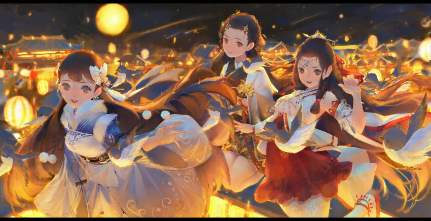 3girls :d absurdres architecture backlighting bare_shoulders bird black_dress black_eyes black_hair bow chinese_clothes chinese_hairpin city city_lights coat detached_sleeves dress east_asian_architecture floating_hair forehead forehead_jewel fur-trimmed_dress fur_trim hair_bow hair_ornament hair_pulled_back hair_stick hand_up hanfu head_chain highres jumping lantern leg_up long_hair long_sleeves looking_down moonlight_blade multiple_girls night night_sky outdoors paper_lantern purple_dress red_dress shooting_star short_dress sky sky_lantern smile thigh-highs very_long_hair white_bow white_coat white_thighhighs wide_sleeves yi_er_san