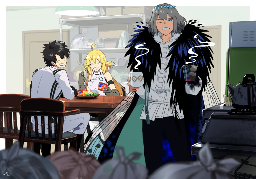 1girl 2boys ahoge artoria_caster_(fate) artoria_caster_(first_ascension)_(fate) artoria_pendragon_(fate) bare_shoulders black_footwear black_fur black_gloves black_hair black_pants blonde_hair blue_eyes boots breasts buttons closed_mouth collar collared_shirt crown cup door eating fate/grand_order fate_(series) fujimaru_ritsuka_(male) fur_trim gloves grey_gloves grey_hair highres holding holding_cup jacket kitchen large_breasts long_sleeves multiple_boys oberon_(fate) one_eye_closed open_mouth pants pirohi_(pirohi214) shirt short_hair sitting small_breasts smile teeth trash twintails vest white_jacket white_pants white_shirt white_vest