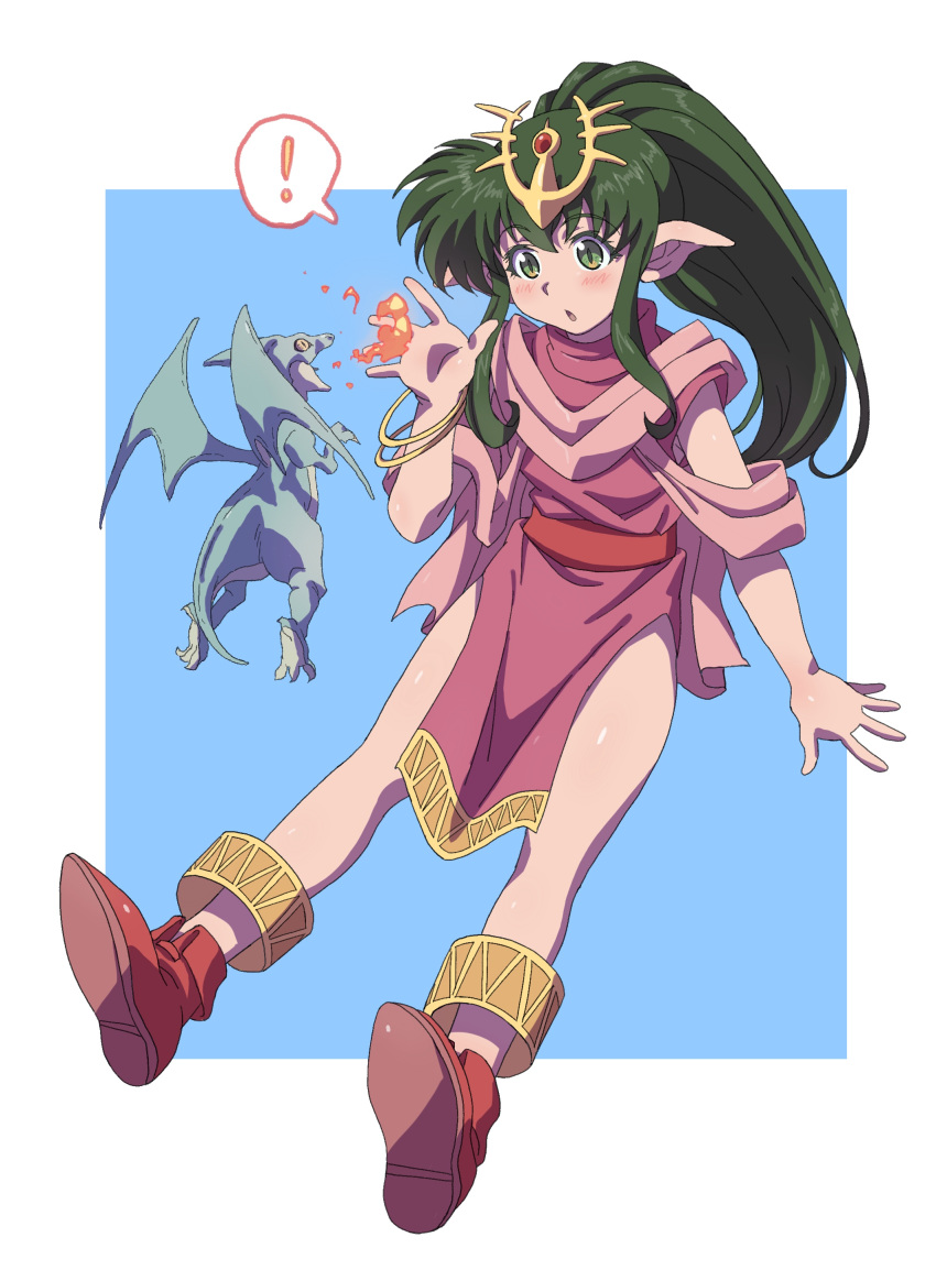 ! 1girl :o absurdres ankle_boots anklet blush boots breathing_fire colored_eyelashes dark_green_hair dragon dress fire fire_emblem fire_emblem:_mystery_of_the_emblem fold-over_boots full_body gem green_eyes headpiece highres jewelry legs long_hair open_mouth pelvic_curtain pink_dress pink_scarf pointy_ears ponytail powerhamuhamu red_footwear red_gemstone red_sash sash scarf side_slit sidelocks sitting sleeveless sleeveless_dress solo speech_bubble spoken_exclamation_mark thighs tiki_(fire_emblem) tiki_(young)_(fire_emblem) turtleneck_dress