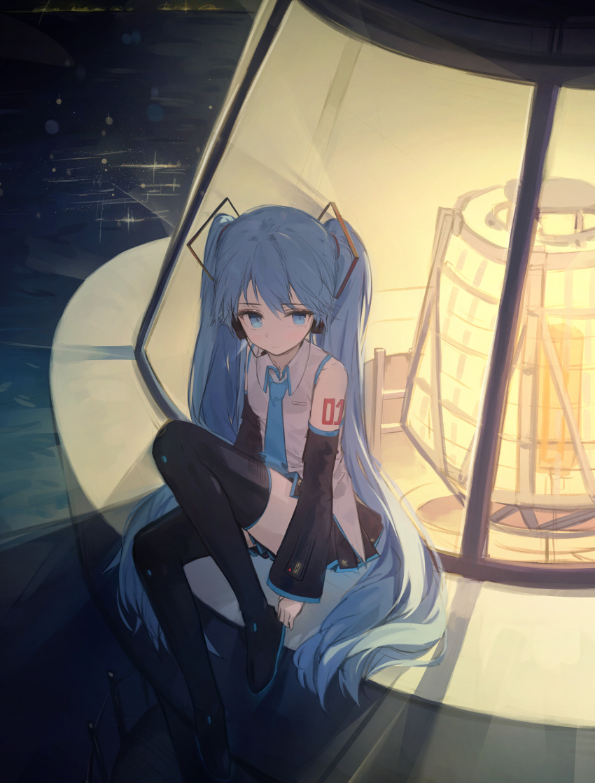 1girl absurdres arm_at_side bare_shoulders black_sleeves black_thighhighs blue_eyes blue_hair blue_necktie boots collared_shirt dangling detached_sleeves full_body hair_between_eyes hair_ornament hatsune_miku headset highres knee_up lighthouse long_hair looking_to_the_side microphone mihoranran name_tag necktie night number_tattoo railing shirt sidelocks sitting sleeveless sleeveless_shirt solo tattoo thigh-highs thigh_boots thighs twintails vocaloid white_shirt
