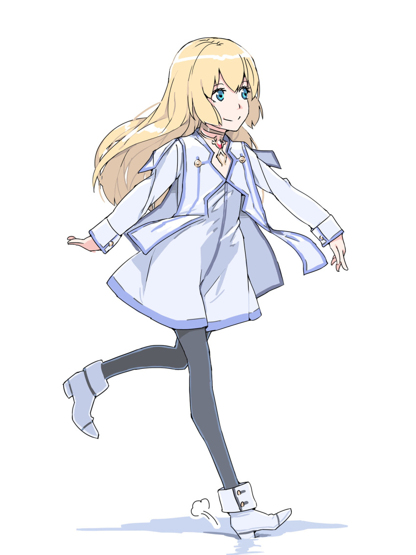 1girl akinbo_(hyouka_fuyou) blonde_hair blue_eyes choker closed_mouth colette_brunel dress full_body highres jewelry long_hair pantyhose simple_background skirt smile solo tales_of_(series) tales_of_symphonia walking white_background