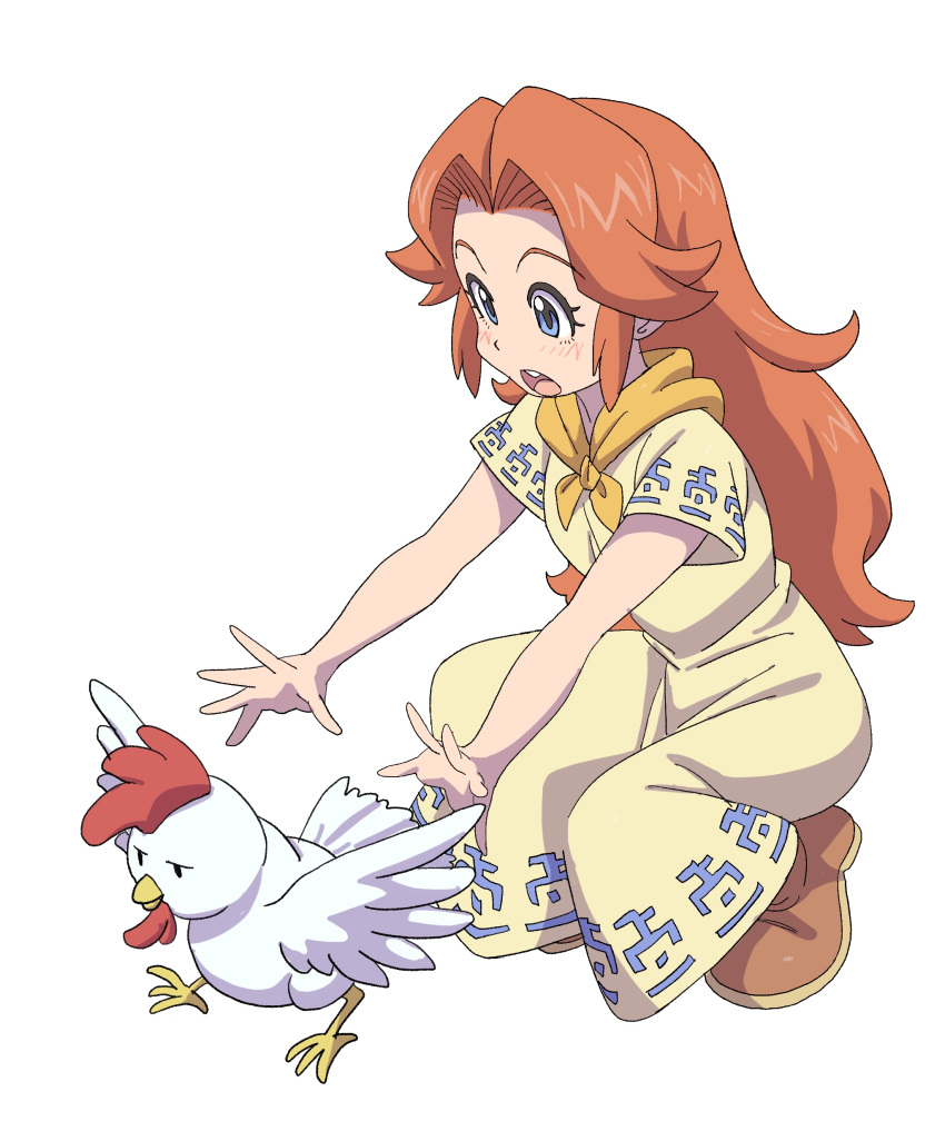 1girl absurdres animal bird blue_eyes blush brown_footwear chicken cucco dress eyelashes female_child full_body hair_intakes highres long_hair malon neckerchief open_mouth orange_hair outstretched_arms powerhamuhamu round_teeth short_sleeves sidelocks simple_background solo squatting teeth the_legend_of_zelda the_legend_of_zelda:_ocarina_of_time upper_teeth_only white_background yellow_dress yellow_neckerchief