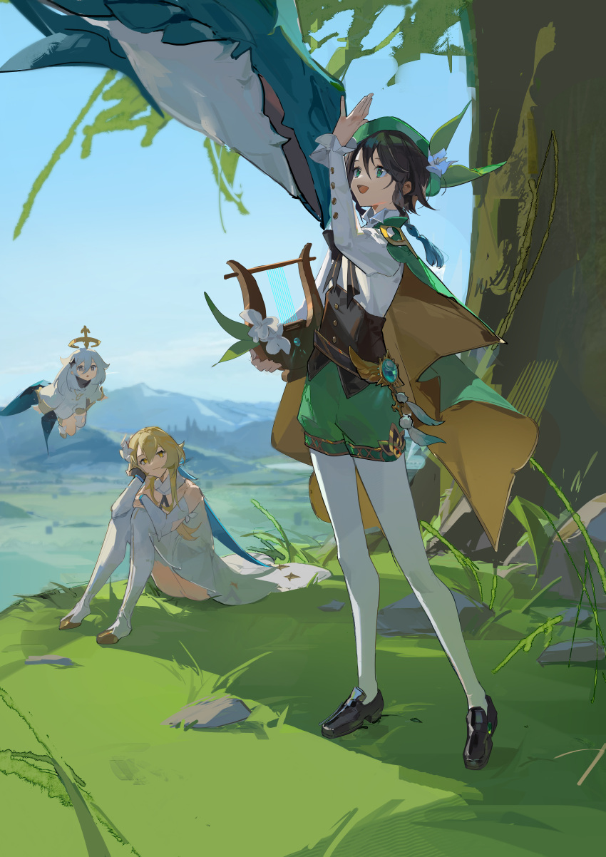 1boy 2girls absurdres bard bare_shoulders beret blonde_hair blue_sky braid cape collared_cape detached_sleeves dress feather_hair_ornament feathers flower genshin_impact gradient_hair grass green_cape green_eyes green_headwear green_shorts hair_between_eyes hair_flower hair_ornament hat hat_flower highres hui_wuya lumine_(genshin_impact) lyre mountainous_horizon multicolored_hair multiple_girls open_mouth outdoors paimon_(genshin_impact) rock scarf scenery short_hair_with_long_locks shorts side_braids sitting sky thighs tree twin_braids venti_(genshin_impact) white_dress white_flower white_scarf yellow_eyes