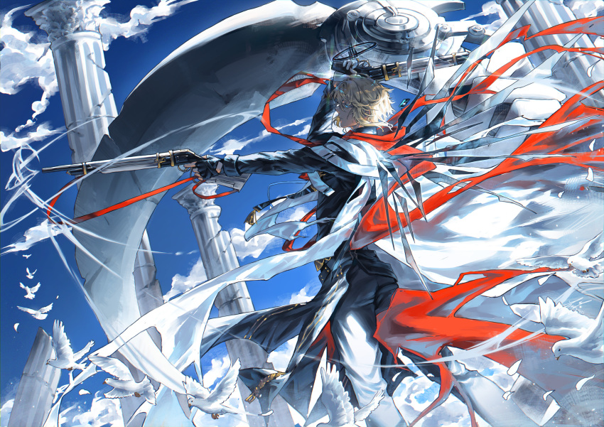 1boy architecture arknights arm_up bird black_gloves black_jacket blonde_hair blue_eyes blue_sky cape clouds column dove dual_wielding executor_(arknights) executor_the_ex_foedere_(arknights) fingerless_gloves from_side gloves gun highres holding holding_gun holding_weapon huge_weapon jacket lever_action long_sleeves looking_ahead lux_arts male_focus mouth_hold pants pillar ruins scythe short_hair shotgun sidelocks sky solo weapon white_cape white_pants