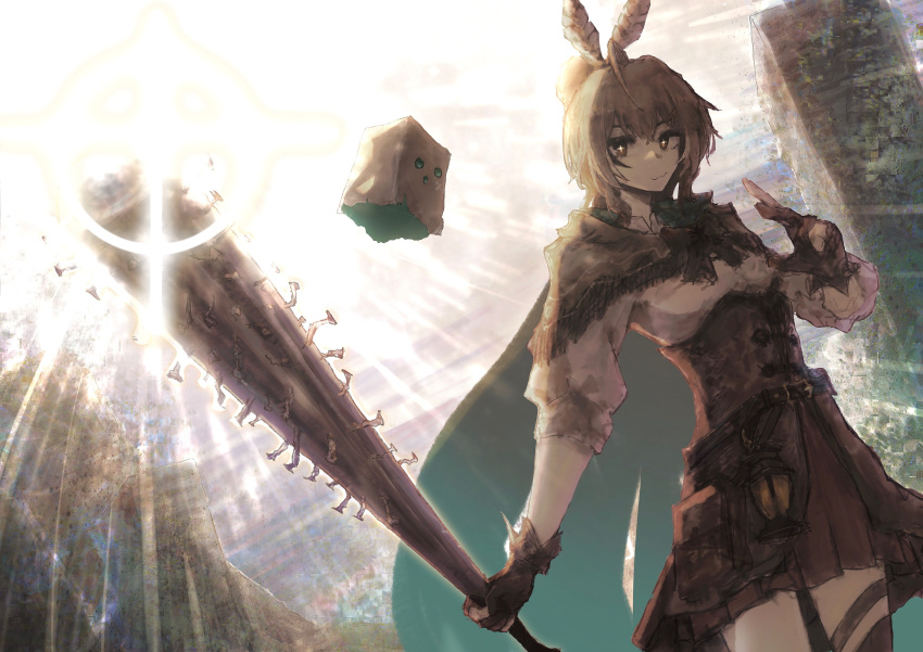 +_+ 1girl :3 absurdres ahoge antsplorer asymmetrical_legwear backlighting baseball_bat belt brown_capelet brown_cloak brown_corset brown_eyes brown_hair building cape capelet cloak corset crossed_bangs feather_hair_ornament feathers friend_(nanashi_mumei) gloves hair_ornament highres holding holding_weapon hololive hololive_english lantern light_rays long_hair multicolored_hair nail nail_bat nanashi_mumei nanashi_mumei_(1st_costume) partially_fingerless_gloves pleated_skirt ponytail pouch red_skirt ribbon shirt single_thighhigh skirt skyscraper sparkle streaked_hair thigh-highs thigh_strap very_long_hair virtual_youtuber weapon white_shirt