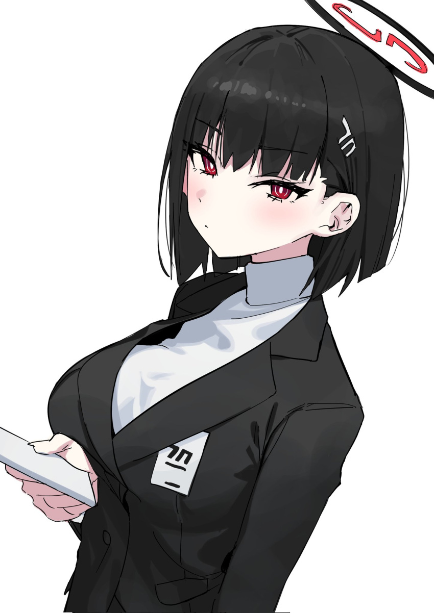 1girl black_hair black_jacket blue_archive blunt_bangs blush breasts halo highres id_card jacket looking_at_viewer medium_breasts red_eyes rio_(blue_archive) short_hair solo syhan white_background