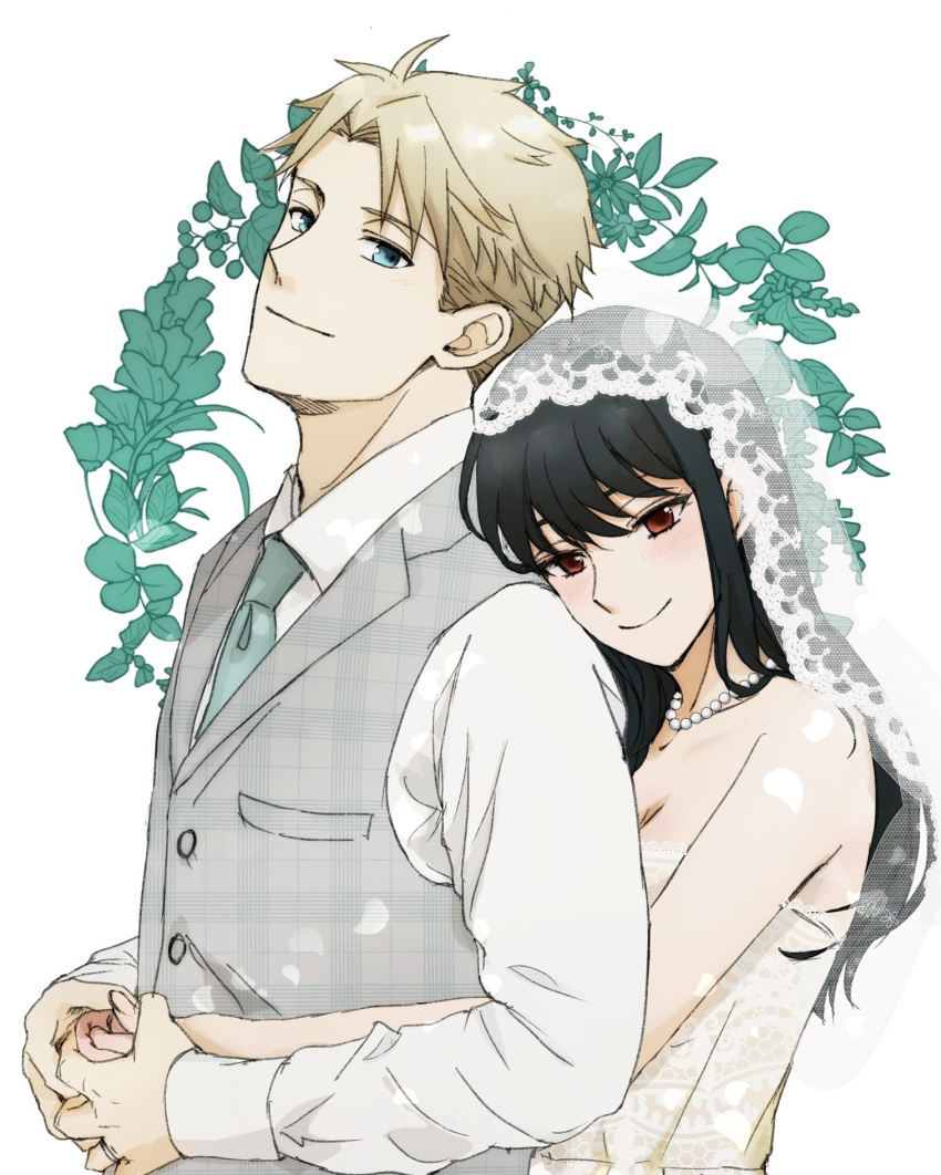 1boy 1girl aqua_necktie bare_shoulders black_hair blonde_hair blue_eyes blunt_bangs bridal_veil buttons closed_mouth collared_shirt commentary couple dress falling_petals grey_vest hair_behind_ear head_on_another's_shoulder height_difference highres holding_hands hug hug_from_behind husband_and_wife jewelry light_blush long_hair long_sleeves looking_at_viewer necklace necktie pearl_necklace petals red_eyes ring shirt short_hair sidelocks smile spy_x_family strapless strapless_dress tama_._kogifu twilight_(spy_x_family) upper_body veil vest wedding_dress white_background white_dress white_shirt yor_briar