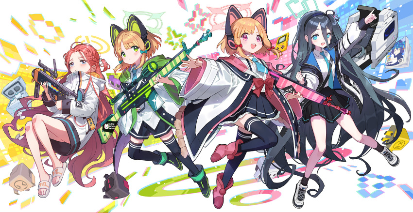 4girls animal_ear_headphones animal_ears aris_(blue_archive) black_skirt black_socks black_thighhighs blonde_hair blue_archive blue_eyes blue_hair blue_necktie bow braid collarbone commentary_request fake_animal_ears game_development_department_(blue_archive) green_eyes green_footwear hair_between_eyes hair_bow halo headphones highres holding holding_weapon long_hair looking_at_viewer midori_(blue_archive) momoi_(blue_archive) multiple_girls necktie official_art open_mouth pink_footwear pink_hair red_bow redhead saitou_naoki sandals shoes siblings side_braid side_ponytail sisters skirt sneakers socks thigh-highs twins weapon white_background yuzu_(blue_archive)