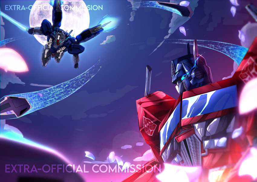 autobot beam_saber clouds commission english_commentary funnels_(gundam) glowing glowing_eye gundam_aerial_rebuild highres holding holding_sword holding_weapon jhon_lozano mecha moon night night_sky no_humans optimus_prime petals robot science_fiction sky sword transformers watermark weapon wyw_trail