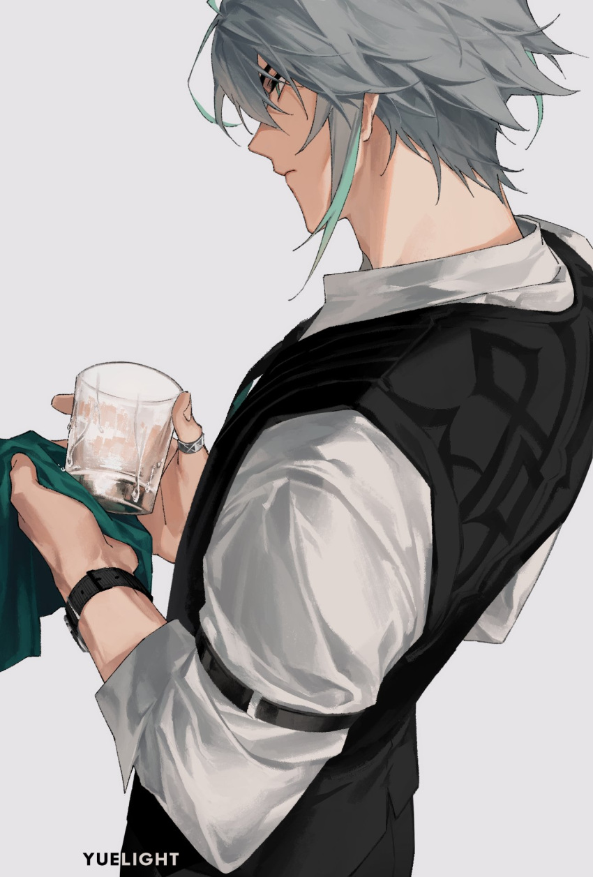 1boy alhaitham_(genshin_impact) arm_strap artist_name black_vest closed_mouth collared_shirt commentary cup dress_shirt english_commentary expressionless facing_away genshin_impact green_eyes green_hair grey_hair hair_between_eyes highres holding holding_cup holding_towel jewelry long_sleeves male_focus multicolored_hair profile ring shirt short_hair sidelocks simple_background sleeves_rolled_up solo standing thumb_ring towel vest watch watch white_background white_shirt yuelight