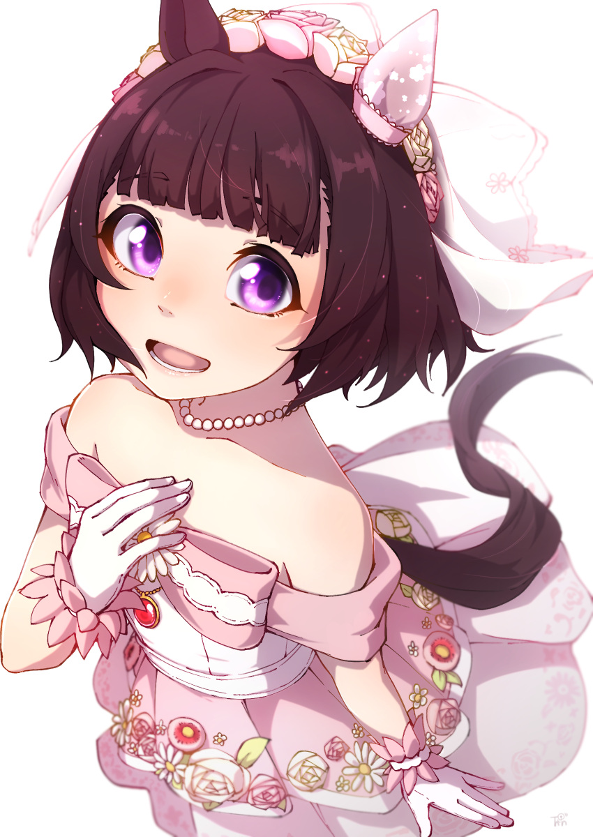 1girl :d absurdres animal_ears bare_shoulders blunt_bangs bridal_veil bride brown_hair collarbone commentary dress ear_covers flat_chest flower hair_flower hair_ornament hand_on_own_chest highres horse_ears horse_girl horse_tail jewelry looking_at_viewer necklace nishino_flower_(sweet_juneberry)_(umamusume) nishino_flower_(umamusume) official_alternate_costume open_mouth pearl_necklace pink_dress short_hair simple_background single_ear_cover smile solo strapless strapless_dress tail thin_(suzuneya) umamusume veil violet_eyes wedding_dress white_background