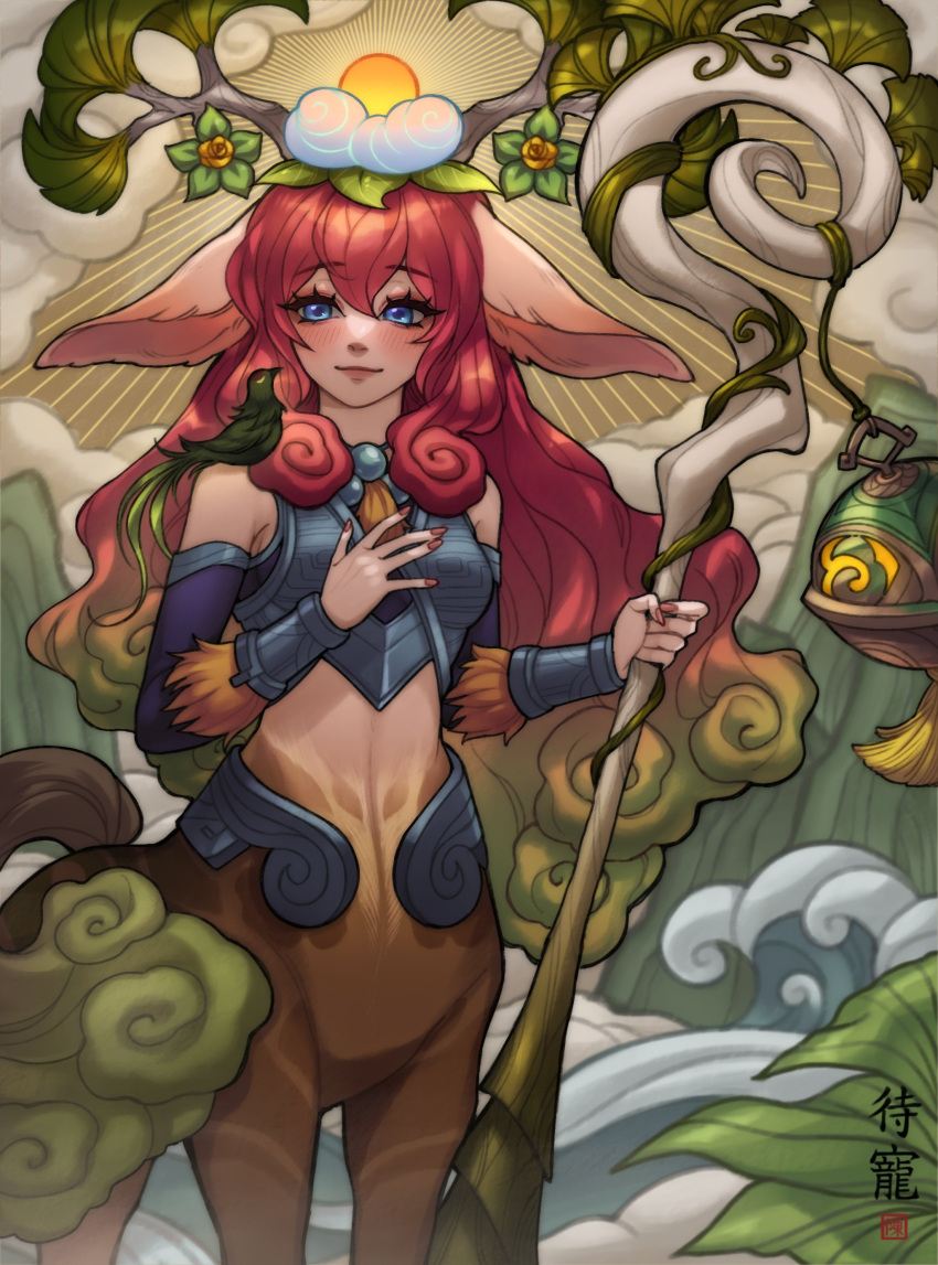 1girl absurdres animal_ears antlers bare_shoulders blonde_hair blue_eyes breasts centaur closed_mouth colored_skin daechong_(degari_chong) detached_sleeves hair_between_eyes hair_ornament hand_up hands_up highres holding holding_staff horse_ears horse_girl horse_tail league_of_legends lillia_(league_of_legends) long_hair looking_down medium_breasts multicolored_hair nail_polish red_nails redhead shan_hai_scrolls_lillia smile solo staff tail taur translation_request two-tone_hair