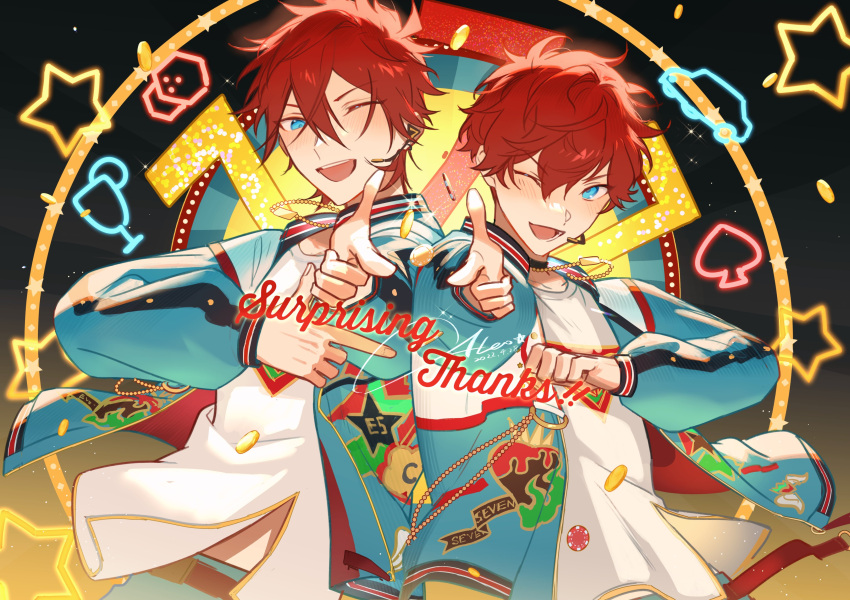 2boys absurdres aleo amagi_hiiro amagi_rinne aqua_eyes coin commentary english_commentary english_text ensemble_stars! hair_between_eyes hexagon high_collar highres index_finger_raised jacket jewelry long_sleeves looking_at_viewer lower_teeth_only microphone multiple_boys necklace one_eye_closed open_clothes open_jacket open_mouth redhead short_hair spade_(shape) star_(symbol) teeth upper_body upper_teeth_only